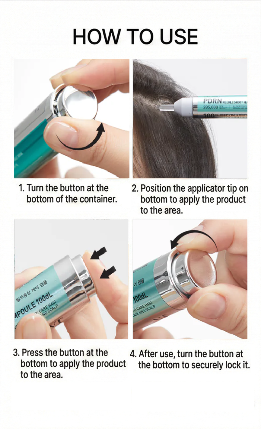 Instructions on how to use a VT Reedle shot hair ampoule product applicator with text overlay.