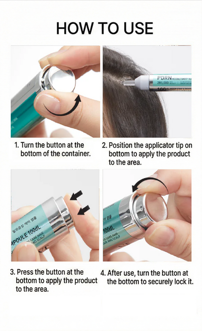 Instructions on how to use a VT Reedle shot hair ampoule product applicator with text overlay.