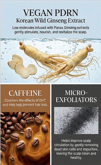 VT Reedle shot hair ampoule main ingredients  with ginseng root, coffee beans, and micro-exfoliants on a gradient background.